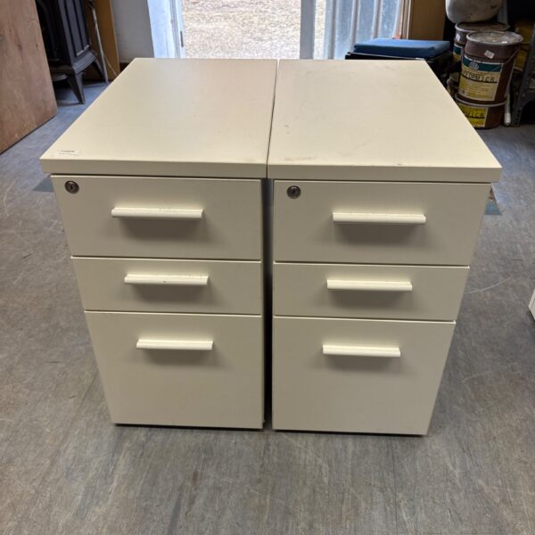 Pair of white wheeled cabinets for office storage.