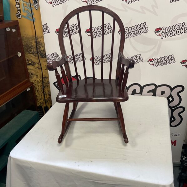 Dark cherry coloured children’s Windsor rocking chair, antique style.
