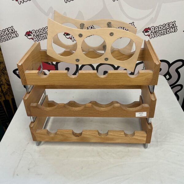 Wooden wine bottle holder for tabletop display.