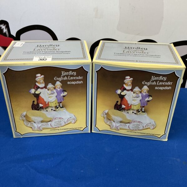 Vintage Yardley soap dishes, porcelain holders for lavender soap.