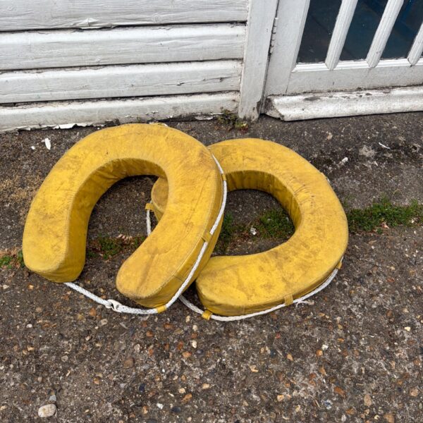 Pair of yellow inflatable raft dinghies for marine safety.