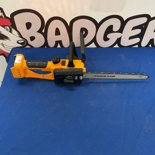 Yellow cordless mini chainsaw with 12 inch guide bar.