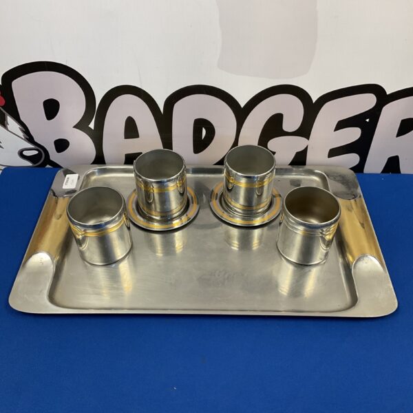 Zepter stainless steel serving tray with four cups displayed.