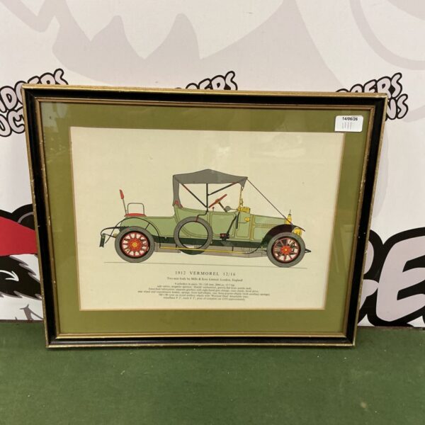 Framed vintage print of a 1912 Vermorel 12/16 automobile.