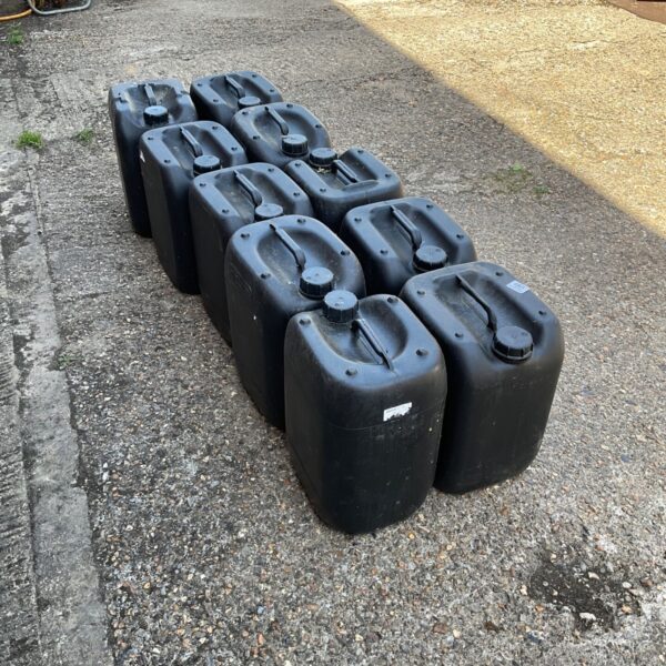 Lot of ten 20 litre water containers for storage.