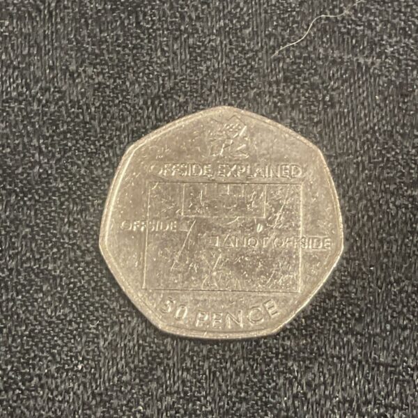 2011 Olympics 50p coin showing the offside rule diagram.