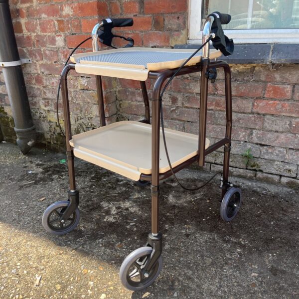 Brown Aidapt mobility trolley with beige trays and adjustable height.