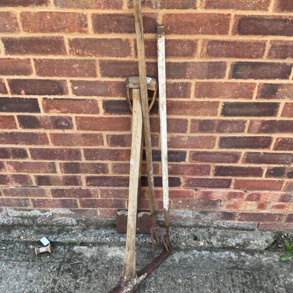 Antique garden dibber and weeder set, vintage farming tools.