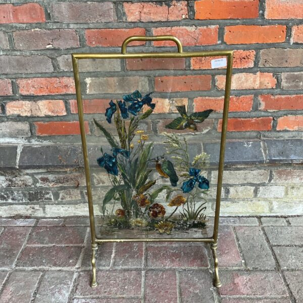 Antique fire screen with a detailed kingfisher oil painting and brass frame.