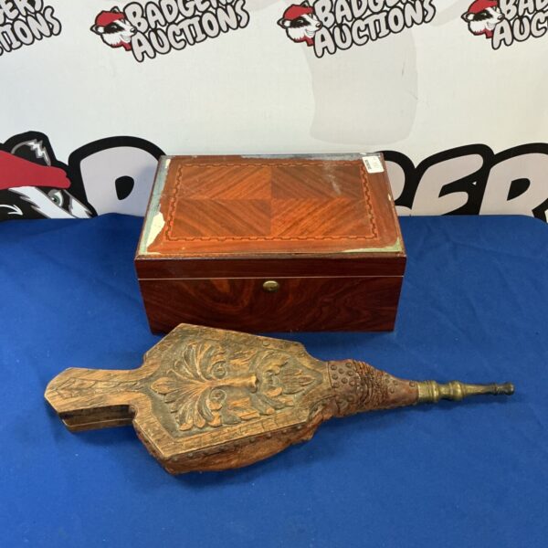 Antique oak fireplace bellows and lockable box with Green Man carving.
