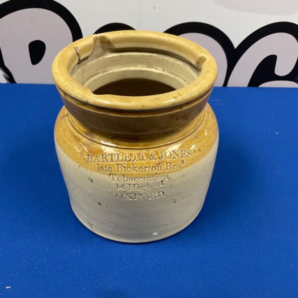 Antique stoneware tobacconist jar from Oxford, marked Bartlett & Jones.