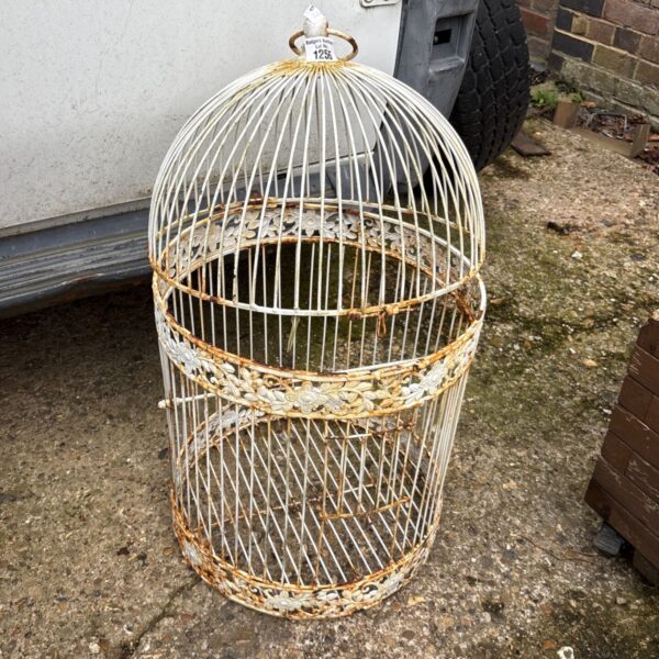 Antique white iron birdcage with distressed paint and visible rust.