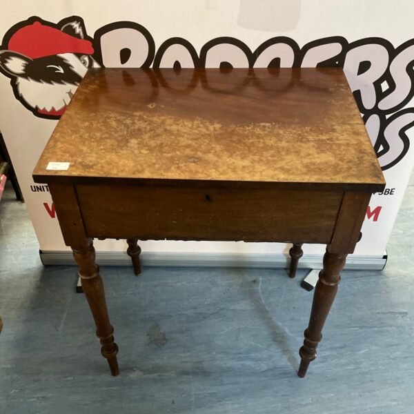 Antique wooden writing desk with burled veneer top.
