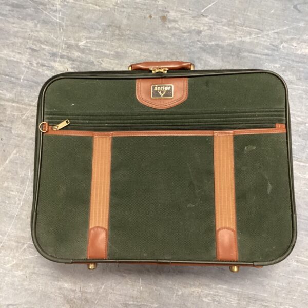 Green Antler suitcase with strap, vintage travel luggage.
