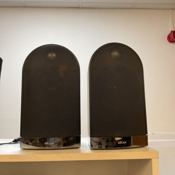 Pair of Arcam Muso speakers in dark wood veneer.