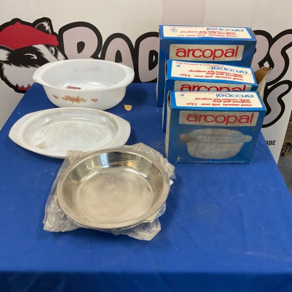 Boxed set of three vintage Arcopal dishes for kitchen use.