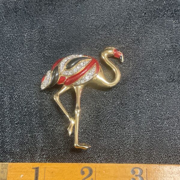 Vintage Art Deco flamingo brooch with red enamel and crystals.