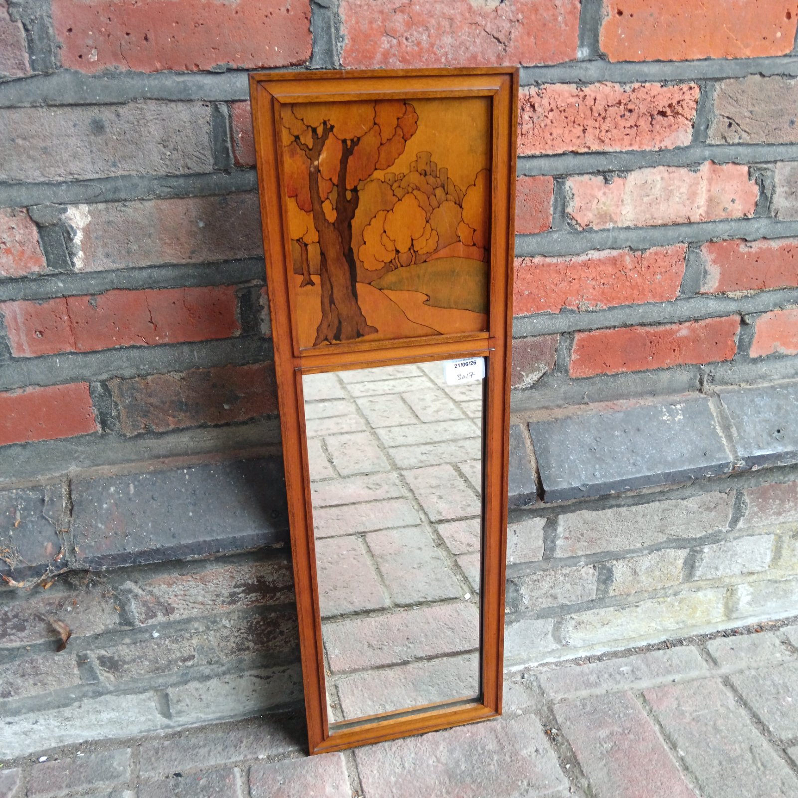 Antique Arts and Crafts mirror with inlaid landscape panel by Rowley Gallery.