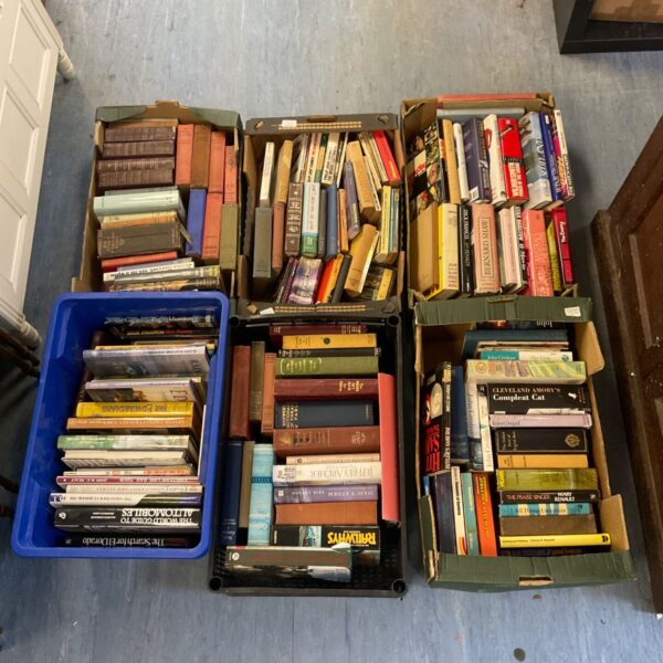 Six boxes of assorted books, a vintage paperback collection.