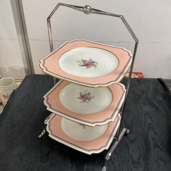 Vintage Aynsly three-tier cake stand with pink floral design.