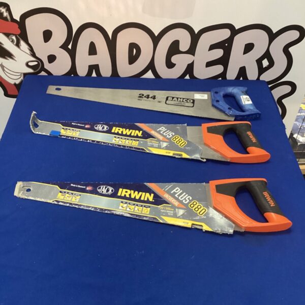 Lot of three hand saws including Bahco and Irwin brands.