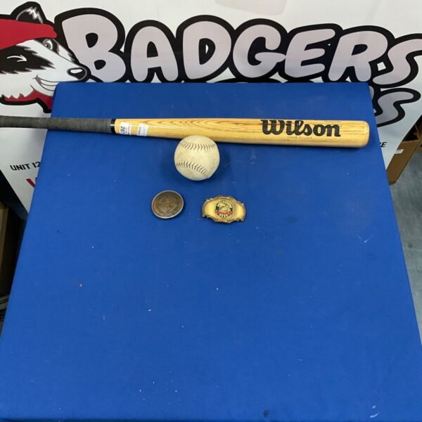 Baseball sports lot featuring a bat, ball, and belt buckles.