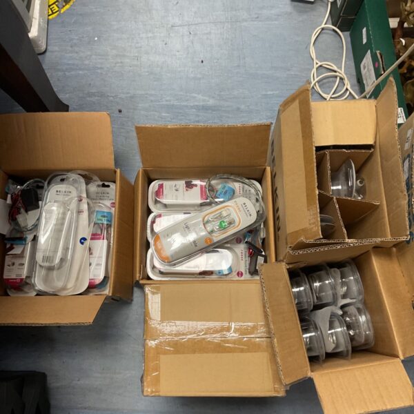 Five boxes of Belkin USB lighted cables and neon string floppy cable.
