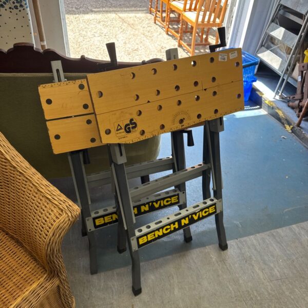 Pair of metal bench vice workhorses for workshop use.