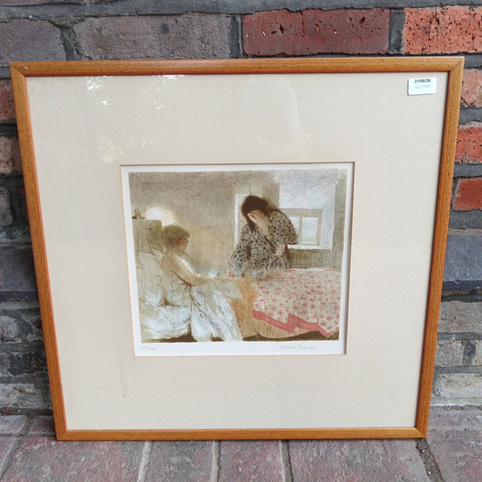 Framed Bernard Dunstan print, "Breakfast in Bed", depicting a domestic scene.