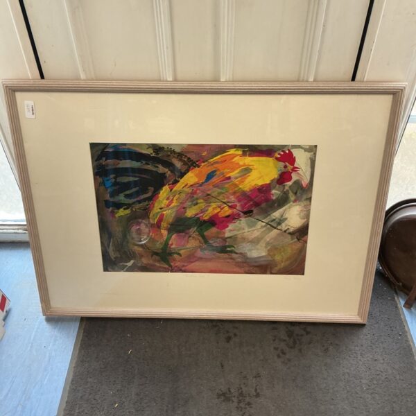 Vibrant abstract painting of a bantam cock by Beryl Tilly.