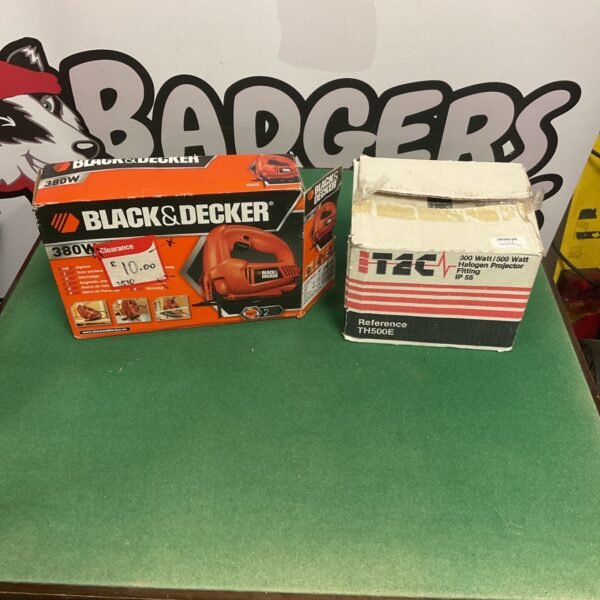 Black and Decker jigsaw and 300/500 watt halogen projector fitting.