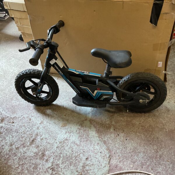 Black electric balance bike for kids, a fun ride-on toy.
