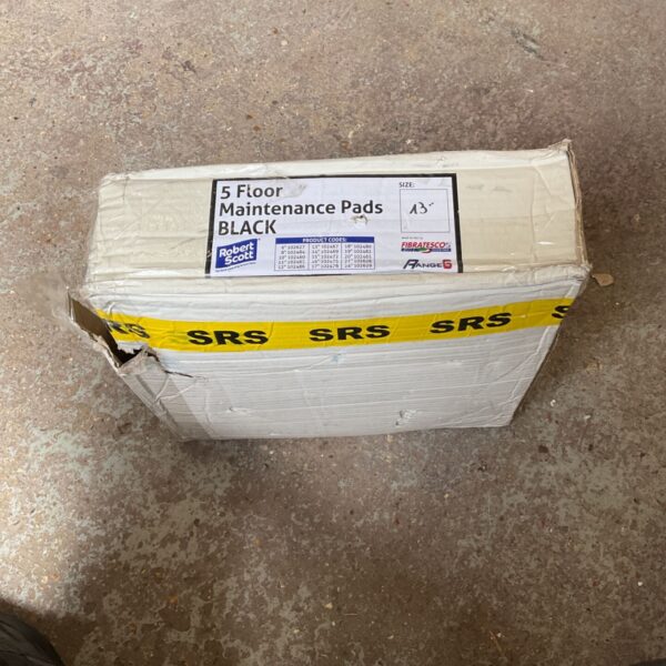 Stack of five black 13 inch floor maintenance pads.