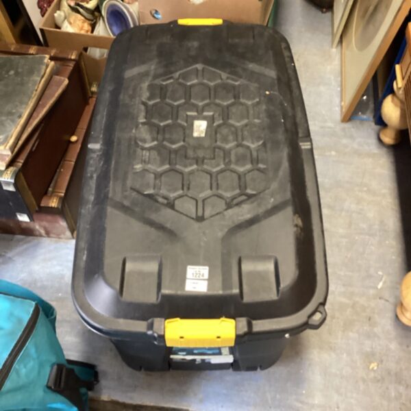 Black heavy duty trunk for storage and transport.