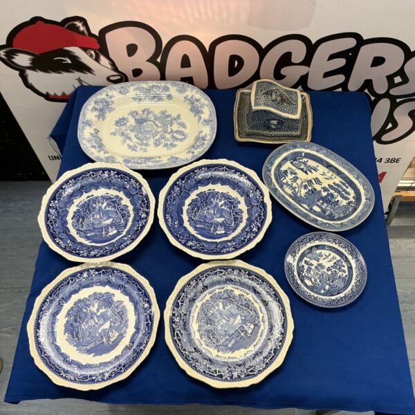 Antique blue and white china plates with Victorian cheese dish.