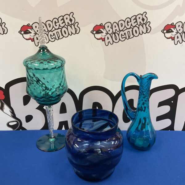 Collection of blue art glass including a Bristol blue bowl.