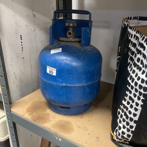 Blue gas canister with valve, suitable for outdoor use.