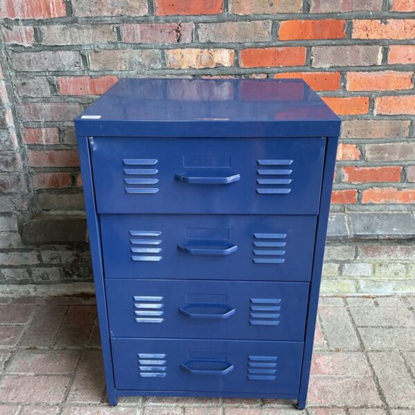 Vintage blue metal cabinet with four drawers, industrial style storage.