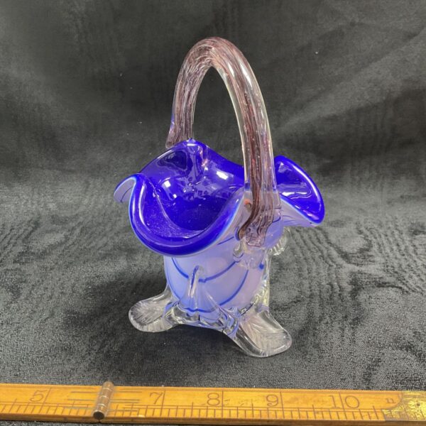 Vibrant blue Murano style glass basket with floral details.