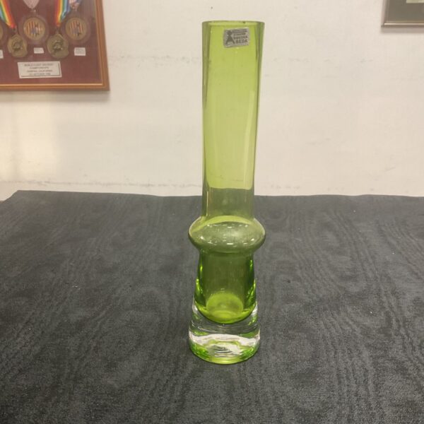 Vintage Bo Borgstrom Aseda green glass vase, mid century modern style.