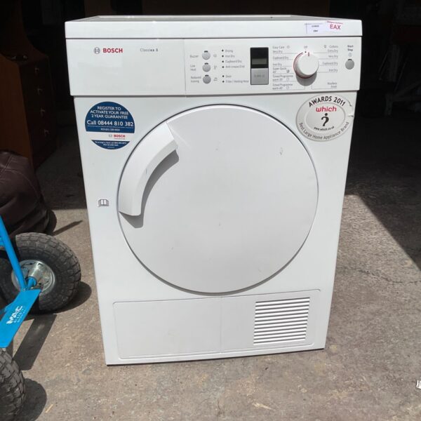 White Bosch Classixx 8 tumble dryer with control panel visible.