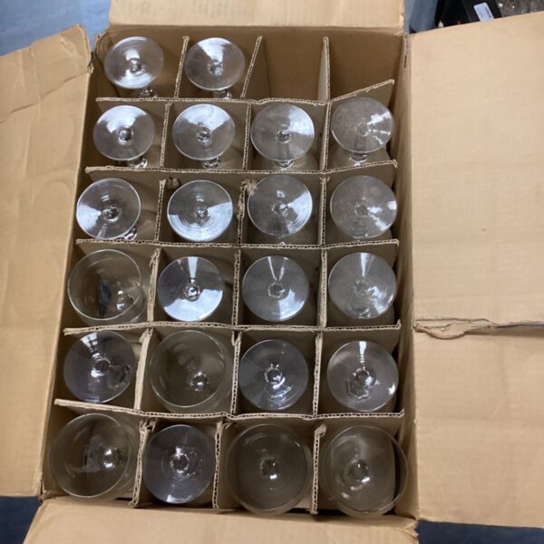 Boxed set of forty-six clear wine glasses.