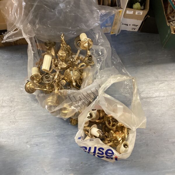 Lot of vintage brass ceiling lights and components.