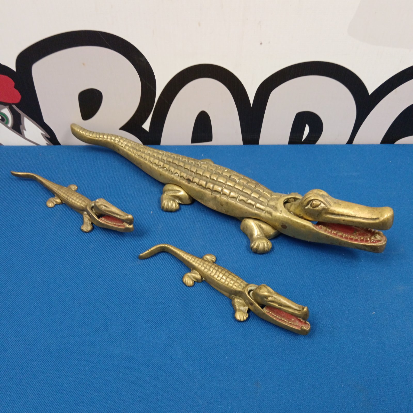 Vintage brass crocodile nutcrackers set of three.