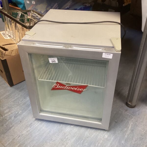 Stainless steel Budweiser fridge for beer and beverages.