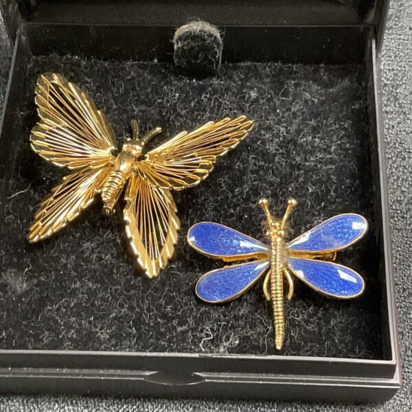 Vintage costume jewellery brooches, a golden butterfly and blue dragonfly.
