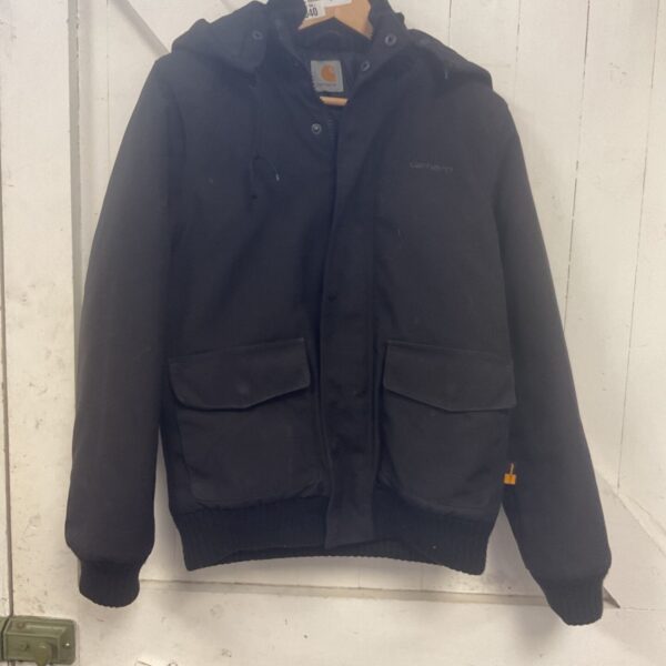Black Carhartt Cordura hooded jacket, showing wear.
