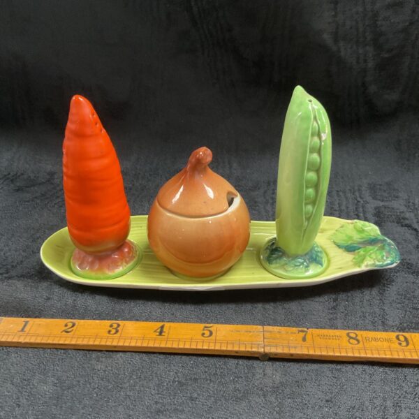 Vintage Carlton Ware vegetable cruet set with carrot, onion, and pea pod.