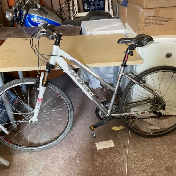 Carrera Crossfire hybrid bike with front suspension and worn tires.