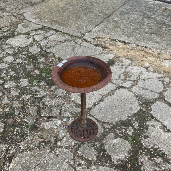 Vintage cast iron bird bath in a garden setting.